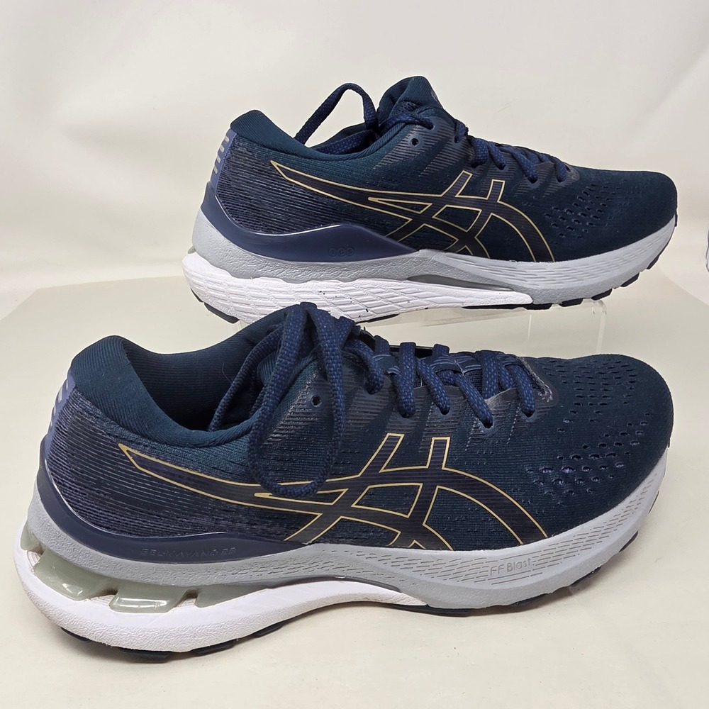 ASICS Gel-Kayano 28 Running Shoes Womens 8.5 Navy Blue Gold 1012B047 Excellent